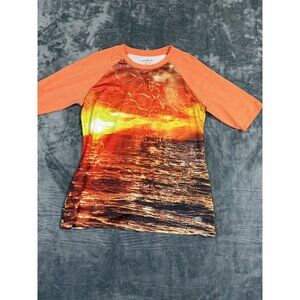 Reel Legends Womens T-Shirt Size L Sunset Print Raglan Sleeve